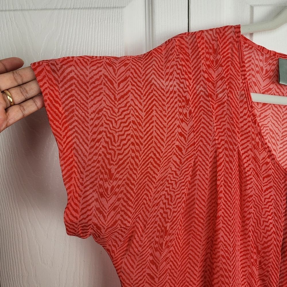 Anthropologie Maeve Silk Blouse M Coral Orange Chevron Print Short Sleeve Boho - Picture 13 of 15